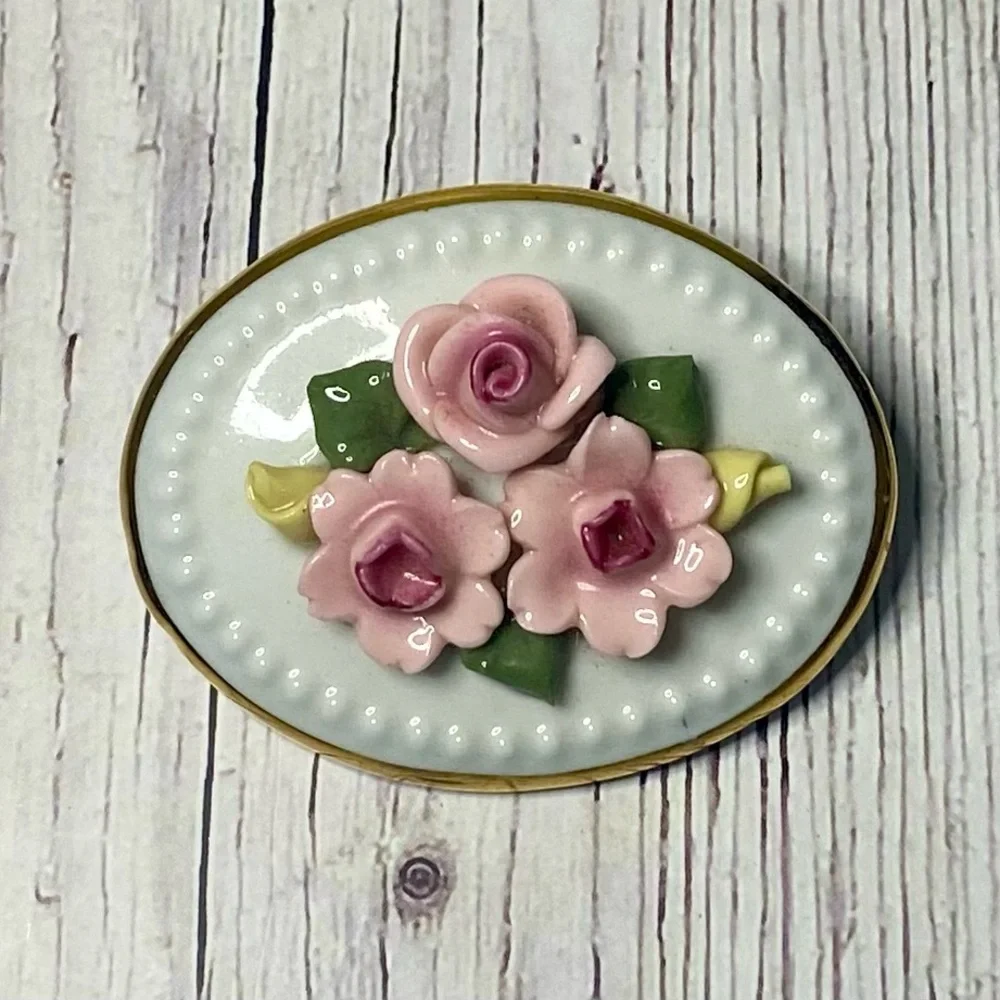 Vintage Floral Porcelain Brooch with Pink Roses